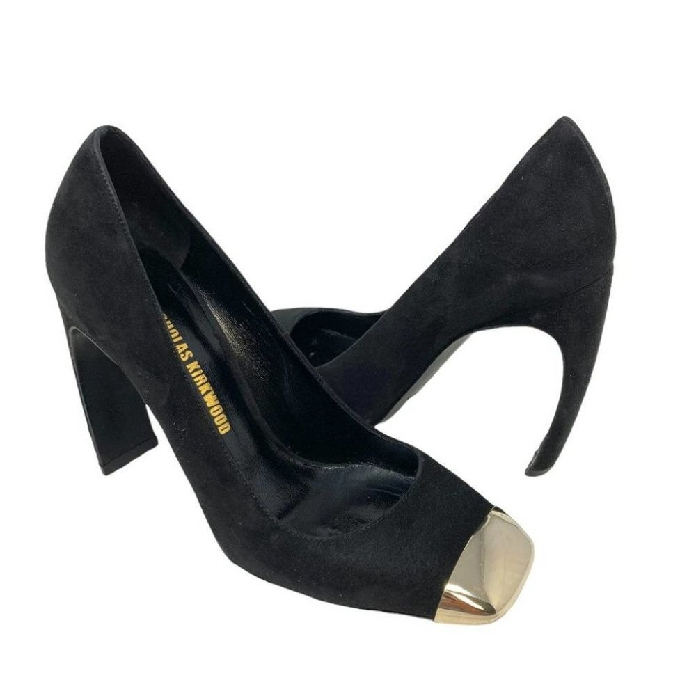 Nicholas Kirkwood Black Suede Curled Heel Gold Square Toe Pumps - Size 5